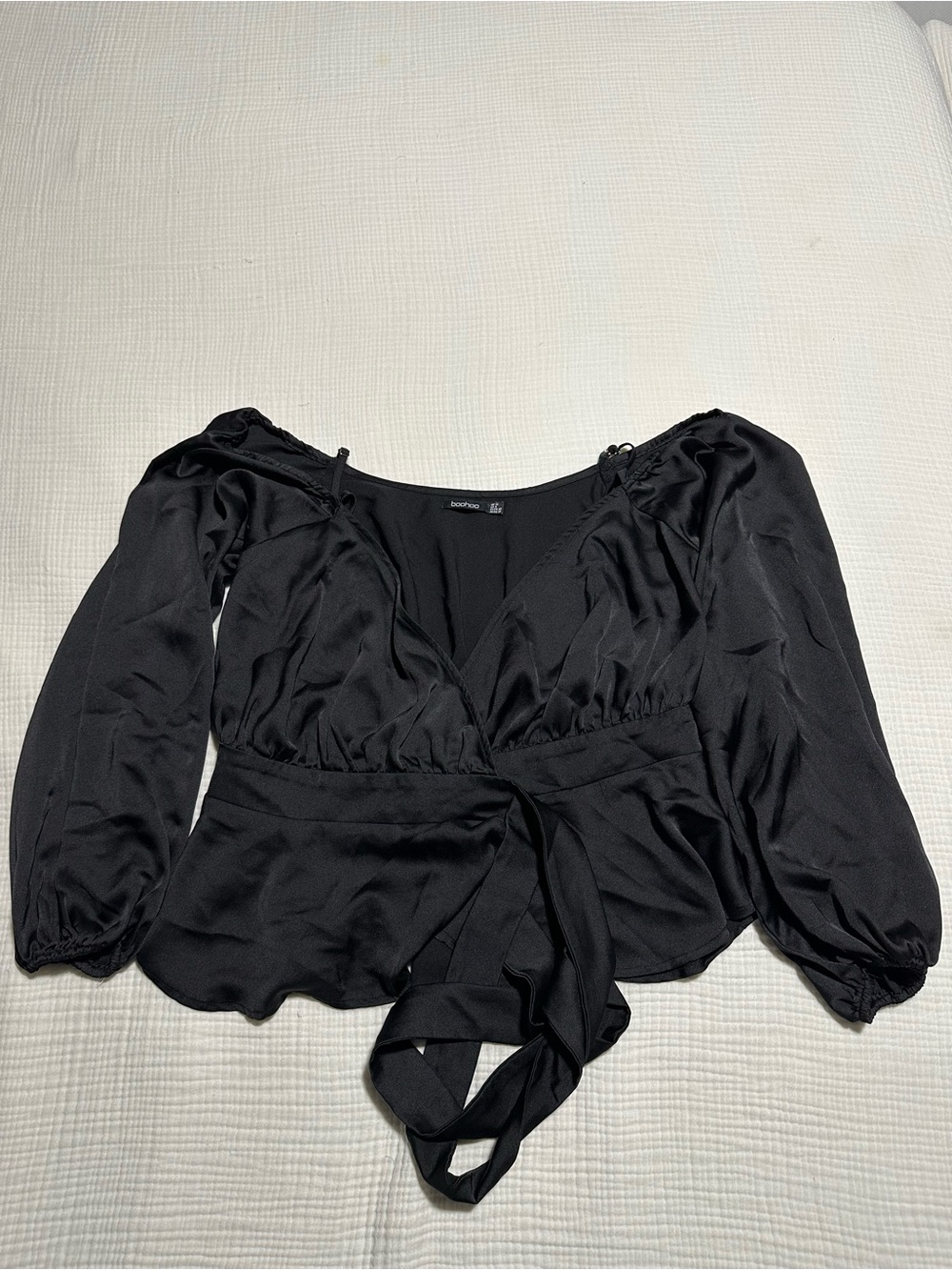 boohoo Black Satin Tie Front Long Sleeve Blouse